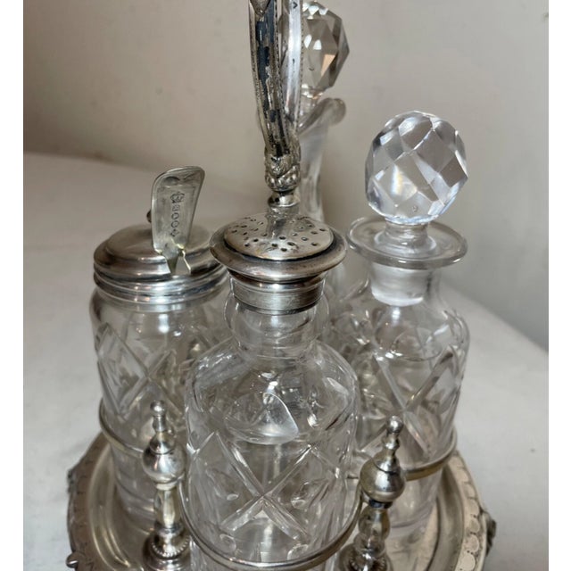 Antique 1800's Ornate Cut Crystal Silver Plate Figural Cruet Condiment Set Caddy For Sale - Image 10 of 16