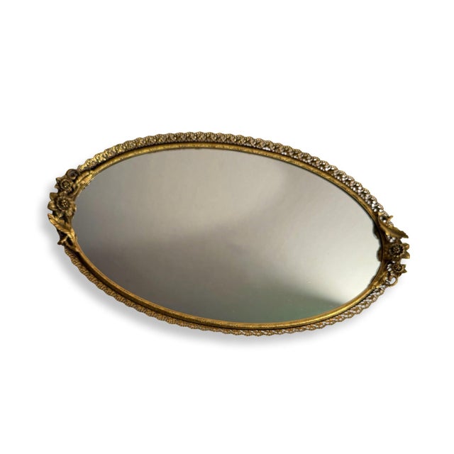 Vintage French Oval Mirrored Vanity Tray With Gilt Floral Filigree, Circa 1950s For Sale - Image 10 of 10