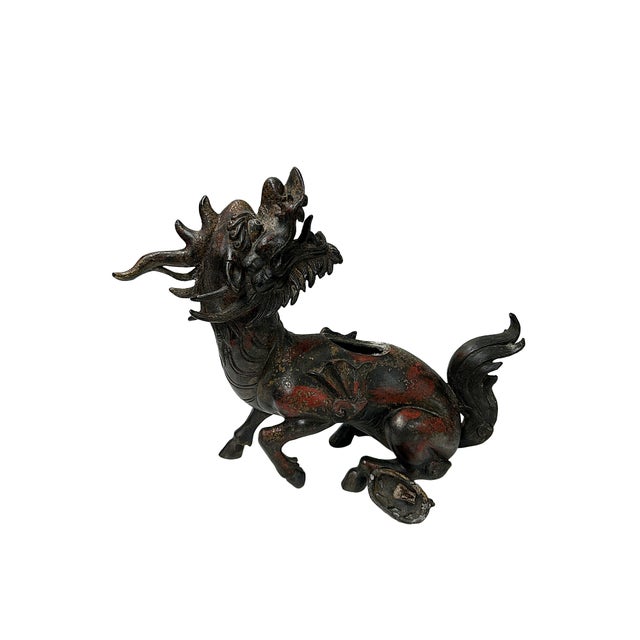 Coffee Vintage Rustic Metal Fengshui Kirin Incense Burner Display Art Figures For Sale - Image 8 of 8
