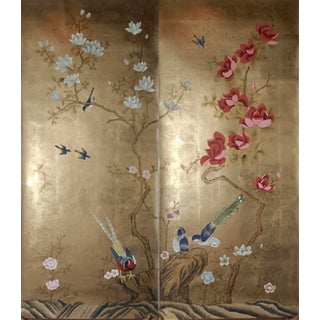 Chinoiserie Panels Hand Painted Wallpaper Chinoiserie Mural on Gold Metallic Panel - 2 Panels For Sale