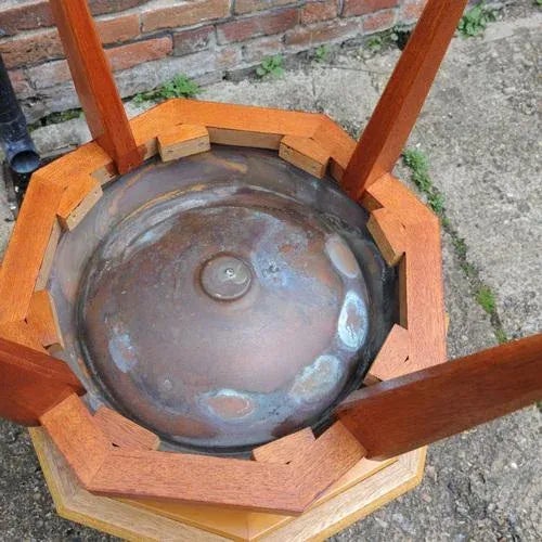 Brown Octagonal Wooden Tables with Spun Copper Concave Tops, 1980s, Set of 2 For Sale - Image 8 of 9