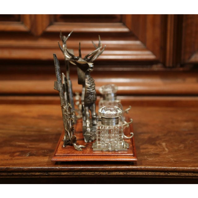 Wood Mid 20th Century French Spelter and Cut Glass Inkwell With Deer Sculpture For Sale - Image 7 of 10