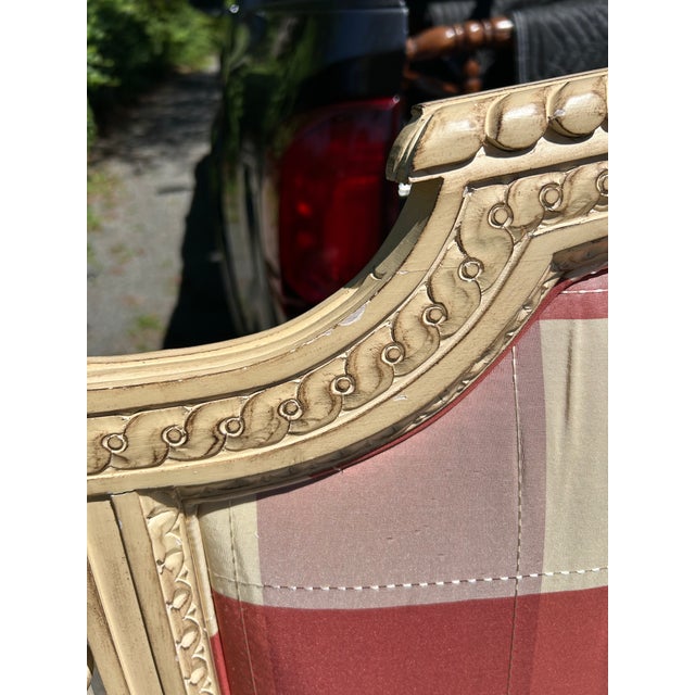 Raspberry Red French Provincial Style Carved Wood King Headboard With Checked Fabric For Sale - Image 8 of 12
