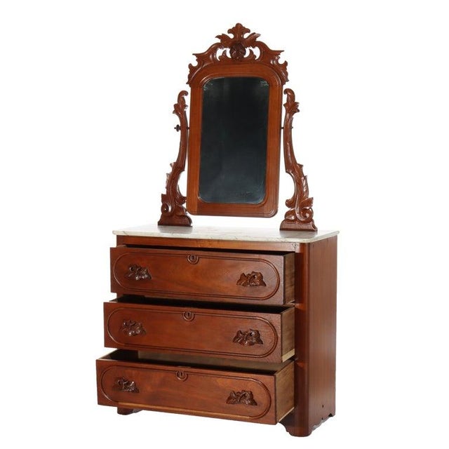 Antique Renaissance Revival Walnut 3 Drawer Marble Top Chest With Carved Pulls & Mirror C1890 Measures - 72 3/4" x 39" x...