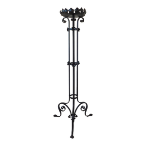 Tall Vintage Mid Century Black Wrought Iron Ornate Floor Pillar Candle Stand Holder