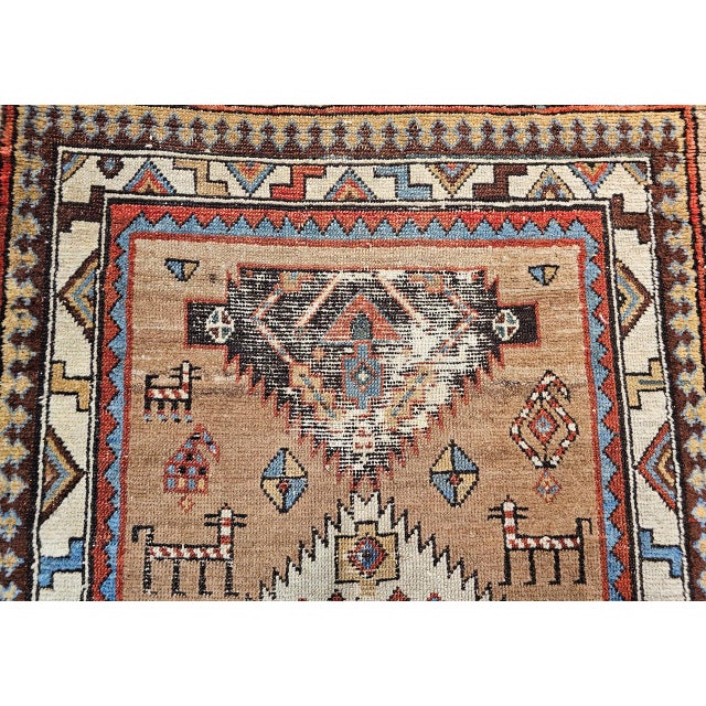 19th Century Antique 19th C. Persian Kurdish Runner Rug, Hand-Knotted Wool, Geometric Pattern, 4x10, Camelhair & Ivory For Sale - Image 5 of 18