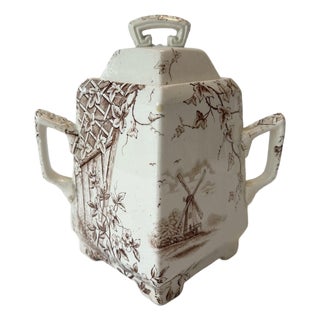 Antique J H Davis Victor Brown Transferware Lidded Sugar Bowl For Sale