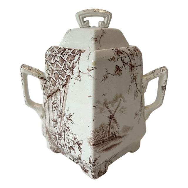 Antique J H Davis Victor Brown Transferware Lidded Sugar Bowl For Sale