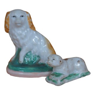 Antique Miniature Staffordshire Dogs King Charles Spaniel & Bulldog- Set of 2 For Sale