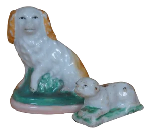 Antique Miniature Staffordshire Dogs King Charles Spaniel & Bulldog- Set of 2
