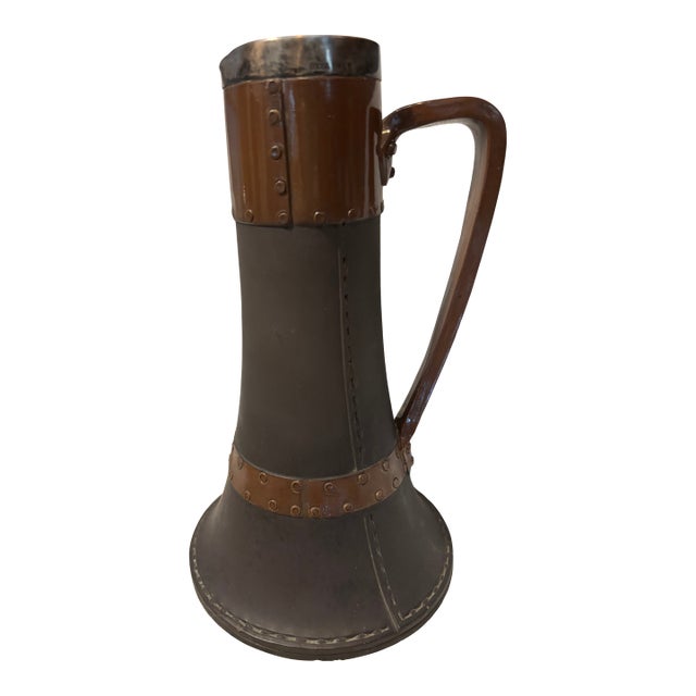 Rare Antique 1896 Royal Doulton Siliconware Stoneware Jug Copper Accents Sterling Silver Rim For Sale