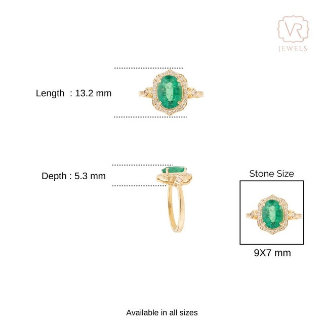 Estate 1.69 Ct Emerald & Diamond Halo 14k Yellow Gold Cocktail Ring Size 7 For Sale - Image 9 of 14