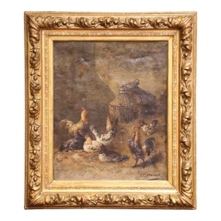 19th Century Oil on Canvas Chicken Painting in Gilt Frame Signed E. Coppenolle For Sale