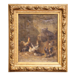19th Century Oil on Canvas Chicken Painting in Gilt Frame Signed E. Coppenolle