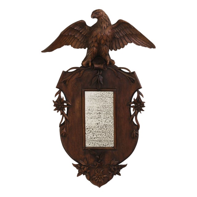 Small 19th Century Carved Walnut Black Forest Perched Eagle Wall Mirror For Sale