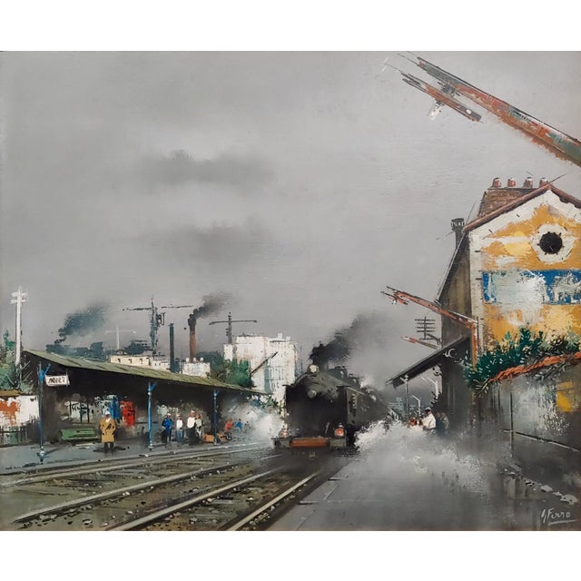 1970s Gabriel Marc Ferro -Hazy Shade of Winter at a French Railroad Station-Oil Painting For Sale - Image 5 of 11