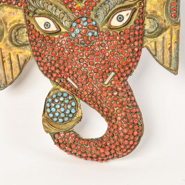 Vintage Ganesh Wall Hanging Mask Brass Filigree and Inlay Nepal For Sale - Image 4 of 12