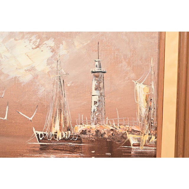 Rikard Lindström Original Signed Oil Painting on Canvas of Ships in Harbor in Carved Wood Frame For Sale In South Bend - Image 6 of 13