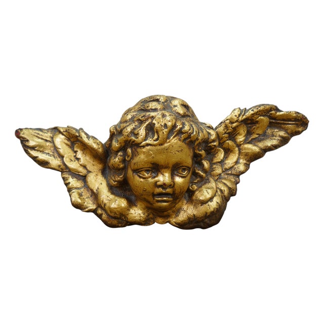 Vintage Baroque Rococo Gold Gilt Plaster Angel Cherub Putti Wall Bust Plaque 18" For Sale