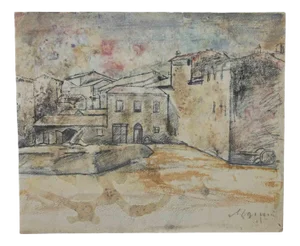 Mino Maccari, Landscape, Original Charcoal and Watercolor, 1940s