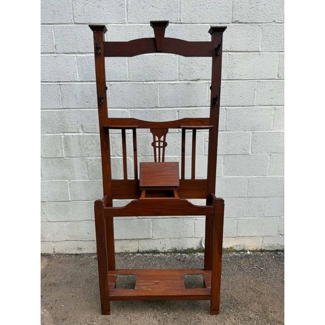 Antique Arts and Crafts Mission Oak Hall Tree, Umbrella Stand It features 4 Coat-Hat Rack Hooks, middle storage space for...