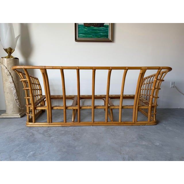 Vintage Ficks Reed Style Bamboo Rattan Sofa With Floral Print Upholstery/ Sold For Sale - Image 4 of 12