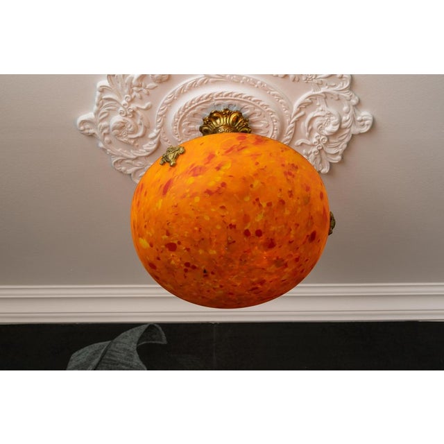 French Art Deco Mottled Orange Glass & Brass Pendant Light, 1930s For Sale - Image 6 of 18