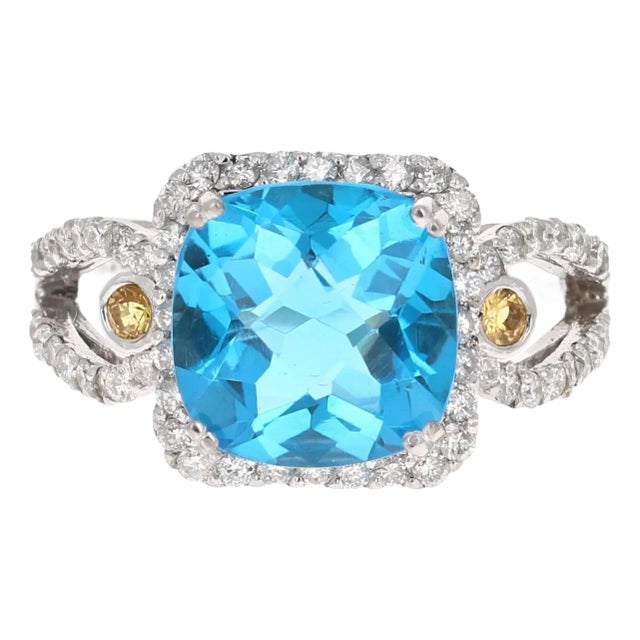 4.61 Carat Blue Topaz Sapphire Diamond White Gold Cocktail Ring For Sale
