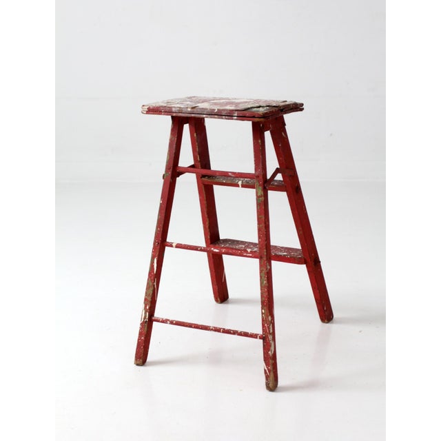 Farmhouse Vintage Red Wooden Step Ladder For Sale - Image 3 of 16