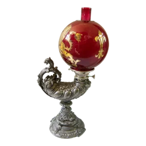 19th Century Harvard Student Table Lamp With Red Glass Globe