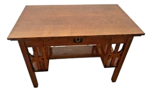 Antique Mission Arts and Crafts Desk, Drawer, Tiger Oak Bottom and Side Shelves