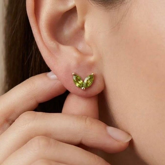 Contemporary Marquise Peridot Stud Earrings | Natural Green Gemstone Leaf Studs | August Birthstone Gift for Her - A Pair For Sale - Image 3 of 4