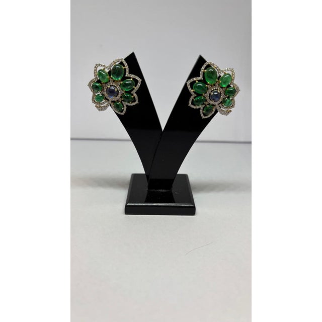 Natural Sapphire, Emerald & Diamond Earring in 14k Gold For Sale - Image 4 of 8
