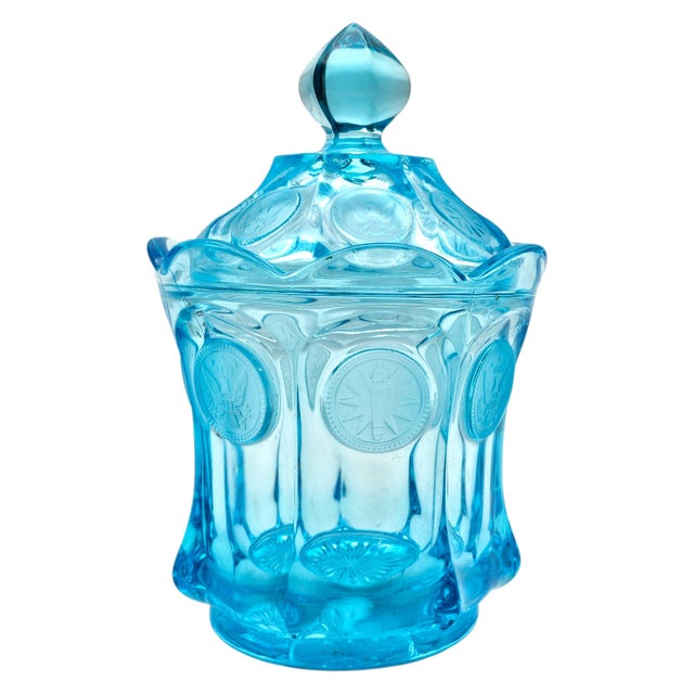 Mid 20th Century Fostoria Aqua Ice Blue Coin Glass Covered Candy Jar With Finial Lid For Sale - Image 5 of 13