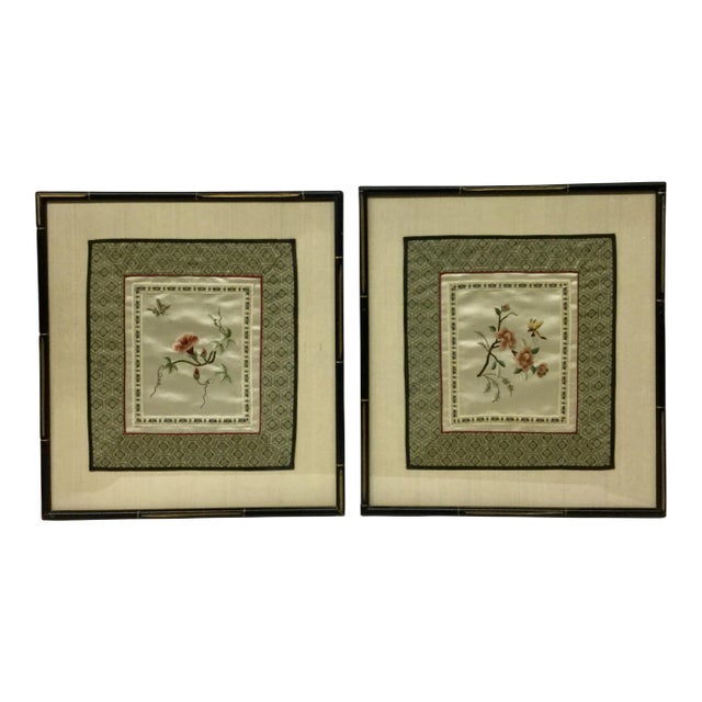 1960s Vintage Framed & Matted Chinese Silk Embroidered Panels- a Pair For Sale