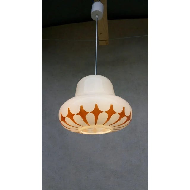 Nice retro vintage chandelier, silver holder, opal white glass with brown ornament. Bulb 1x60w, e27, e26. Compatible for...