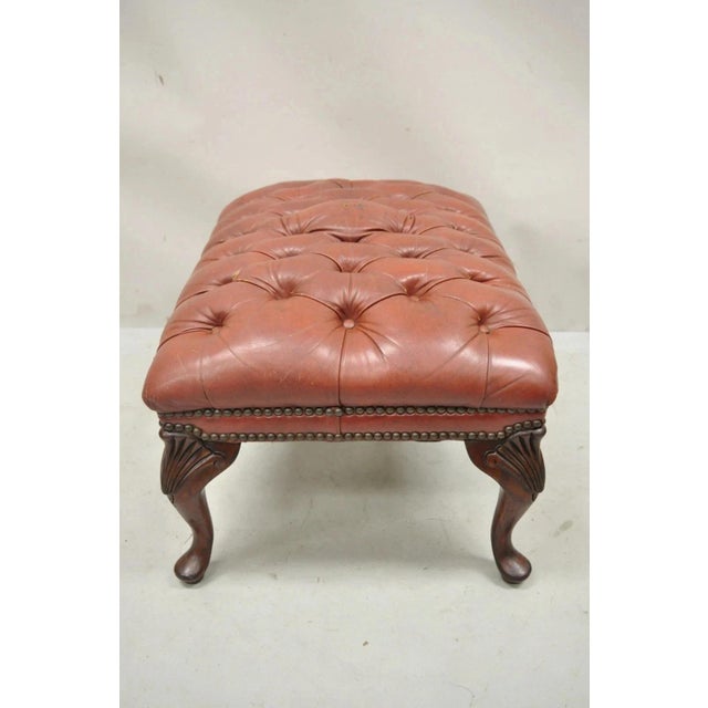 Vintage English Chesterfield Queen Anne Brown Leather Tufted Ottoman Footstool For Sale - Image 4 of 10