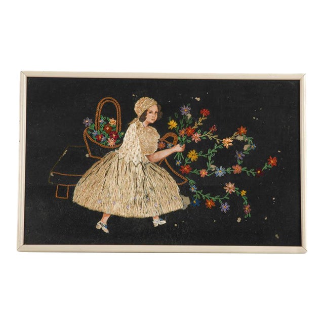 Framed Crewel Work and Inlaid Straw Artwork of a Little Girl For Sale