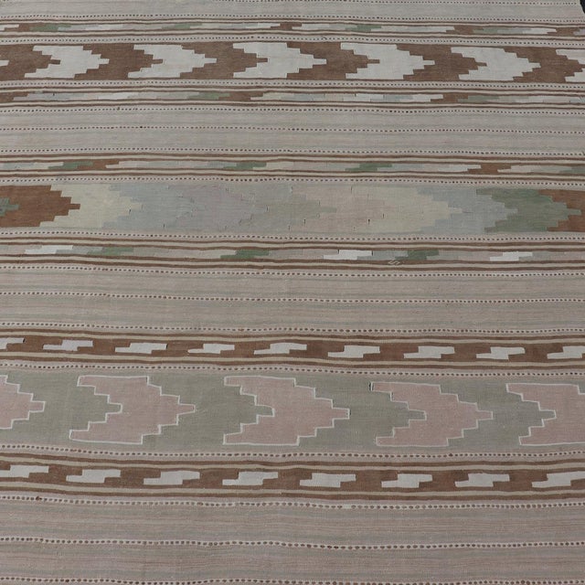 Tribal Vintage Turkish Kilim Rug With Geometric Patterns and Soft Pastel Hues 7'6"x11'3" For Sale - Image 3 of 11