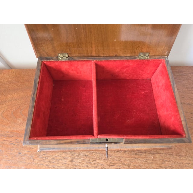 Antique Walnut Marquetry Jewelry Box With Key, Burl Wood Keepsake Box, Red Velvet Lined Locking Treasure Chest, Desk Box For Sale - Image 15 of 16