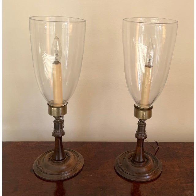 Georgian Style Mahogany & Brass Candlestick Lamps With Hurricane Shades - A Pair For Sale - Image 9 of 18