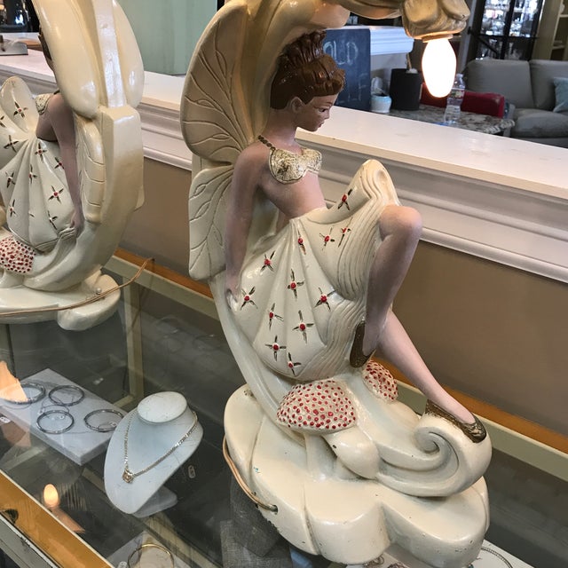 Cream Pair of 1930’s Fairy Chalkware Tv Lamps For Sale - Image 8 of 12