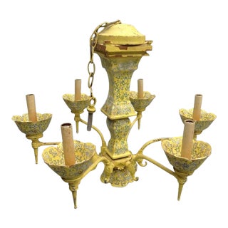 19th Century Chinese Imperial Yellow Cloisonné Chinoiserie Chandelier in Cloisonné Enamel Teacups and Candlestick For Sale