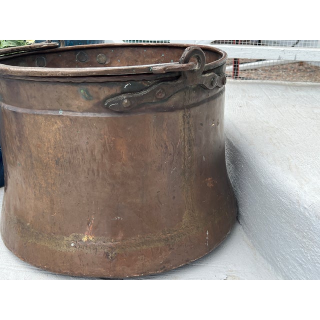 Huge Antique Copper Cauldron: Hand Forged Firewood Bucket 19" With Hand Etched Riveted Handle Green Patina Damage For Sale - Image 11 of 14