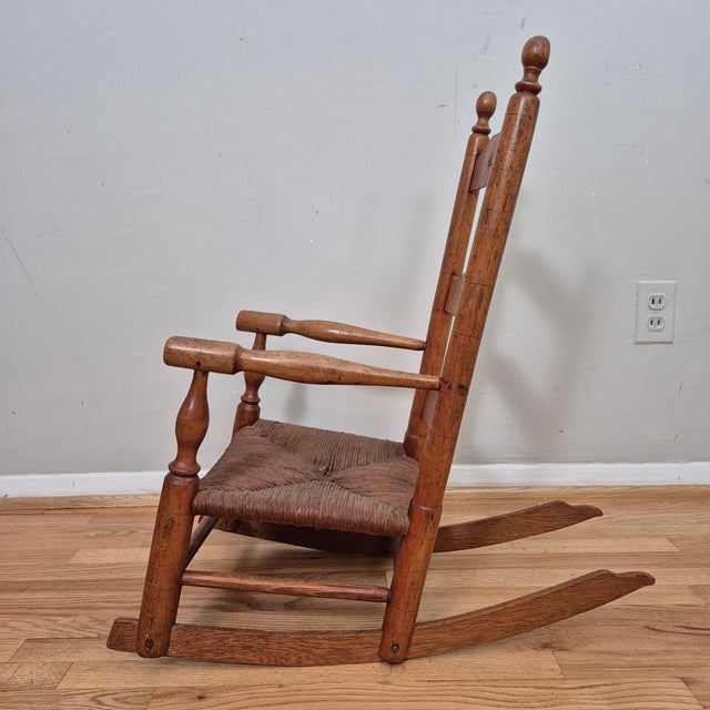 Brown Late 19th Century Antique Hubbard Childrens Wood Ladder-Back Rush Seat Rocking Chair Rocker For Sale - Image 8 of 11