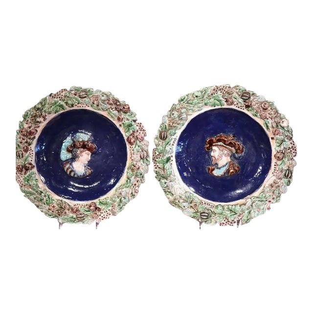 19th Century French Hand Painted Barbotine Chargers - A Pair For Sale