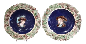 19th Century French Hand Painted Barbotine Chargers - A Pair