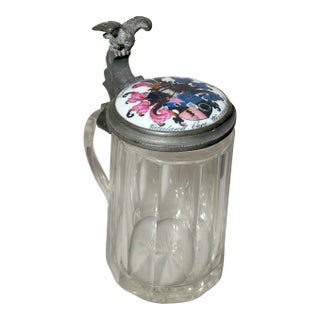 Antique 1800's Armorial Painted Porcelain Glass Pewter German Lidded Beer Stein For Sale