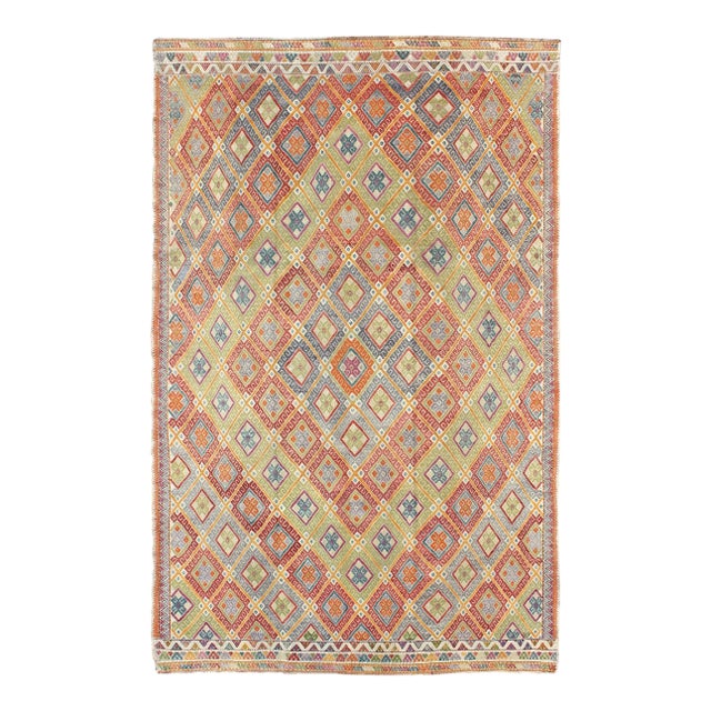 Mid 20th Century Geometric Diamond Vintage Turkish Kilim Rug, Bright and Colorful For Sale