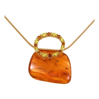 Late 20th Century 14K Yellow Gold Amber Peridot Smokey Quartz Pendant Necklace Estate For Sale